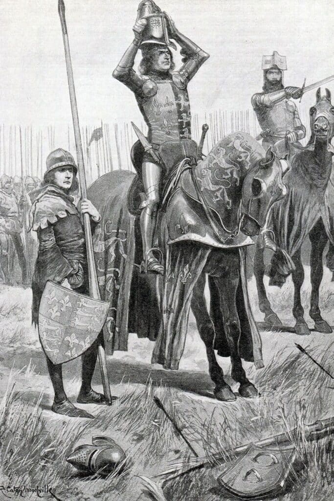 Vintage illustration of Sir John Chandos, a key English commander at the Battle of Poitiers, mounted in armor and raising his helmet among assembled troops.