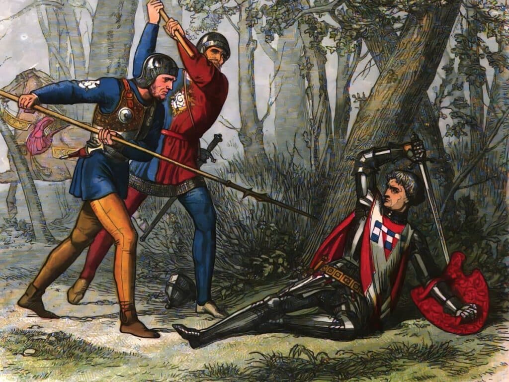 A dramatic scene of the Battle of Barnet shows the downfall of the Kingmaker, Richard Neville, in full armor and cloak, as he is attacked by two soldiers in a forested battlefield—depicting his fatal end in the Wars of the Roses.