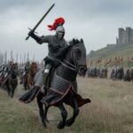 Dramatic reenactment image of a mounted English knight charging with sword raised, backed by a long column of soldiers and banners, symbolizing the power and strategy of the English during the Battle of Poitiers.