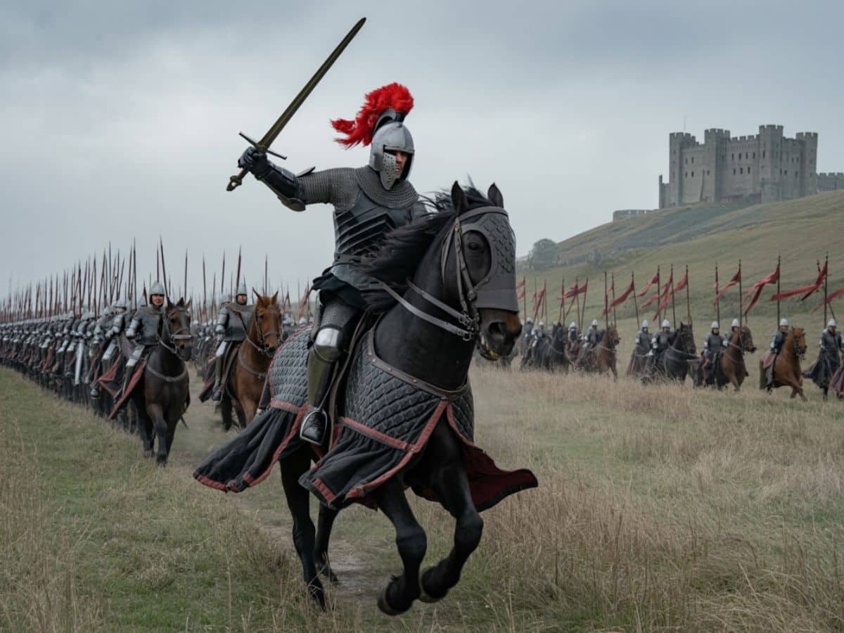 Dramatic reenactment image of a mounted English knight charging with sword raised, backed by a long column of soldiers and banners, symbolizing the power and strategy of the English during the Battle of Poitiers.