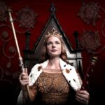 Regal depiction of Elizabeth Woodville on a throne, wearing a gold gown, fur-trimmed robe, and crown, holding the royal sceptre and orb against a red backdrop with white roses, symbolizing the House of York.