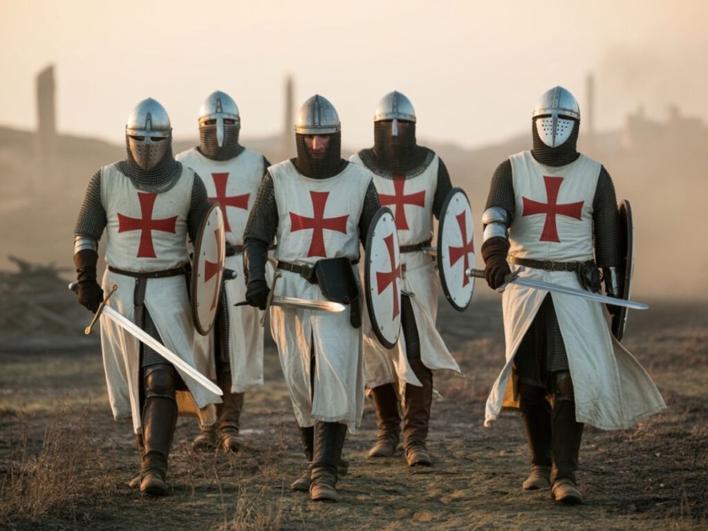 A group of reenactors dressed as medieval Knights Templar in England, wearing white tunics with red crosses, chainmail, and helmets, advancing across a dusty battlefield.