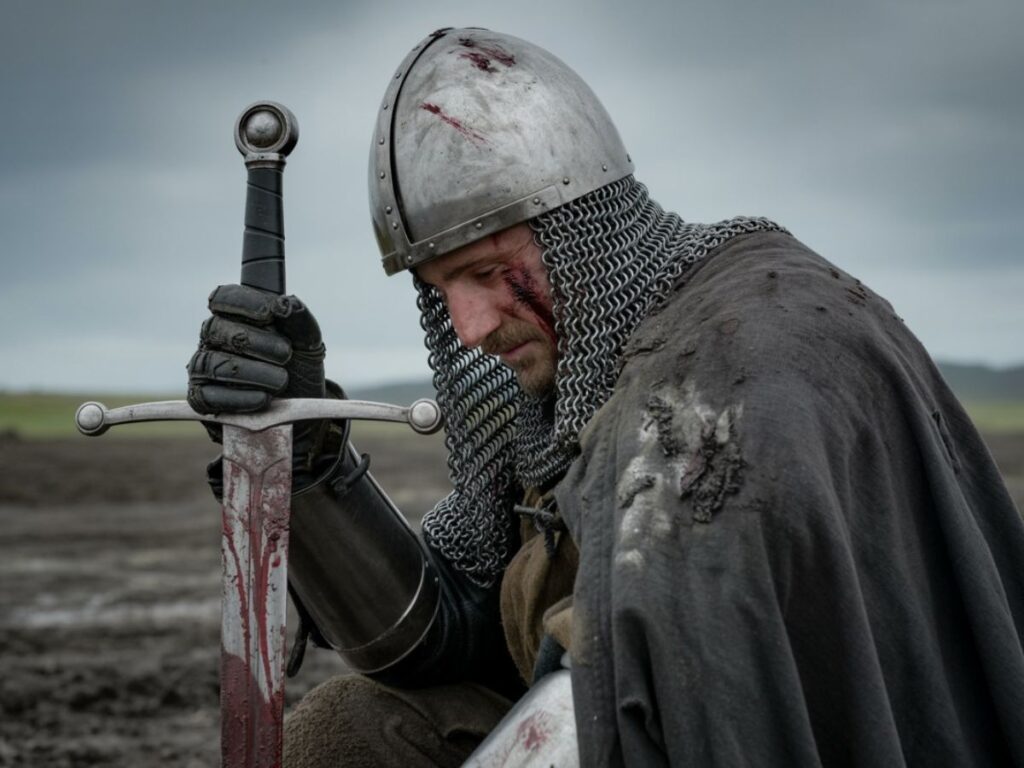 A battered knight in chainmail and helmet kneels with a bloodied sword, evoking the trials and sacrifices of the Knights Templar in England during the Crusades and subsequent persecution.