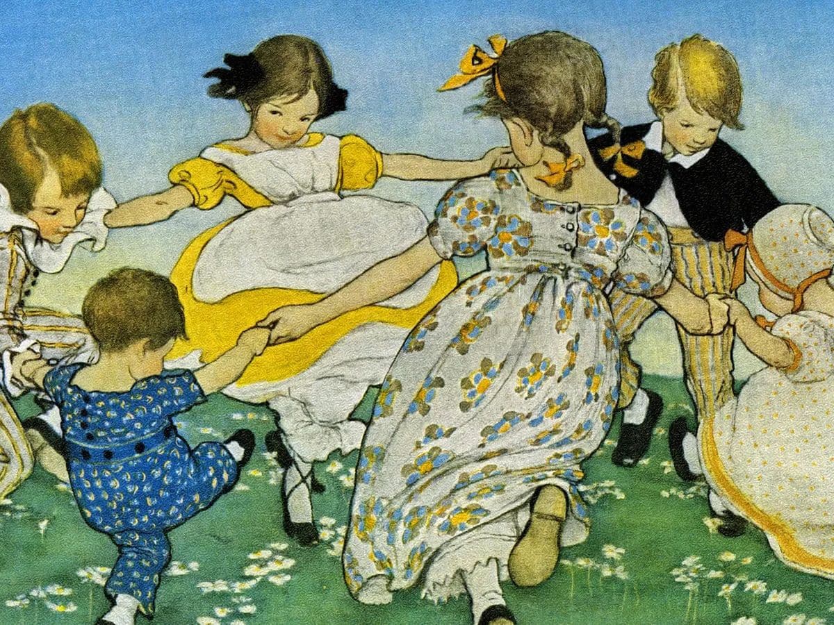 Illustration of children joyfully holding hands and dancing in a circle on a grassy field, evoking the origins of classic nursery rhymes like “Ring Around the Rosie,” often associated with historical interpretations such as the Black Death.