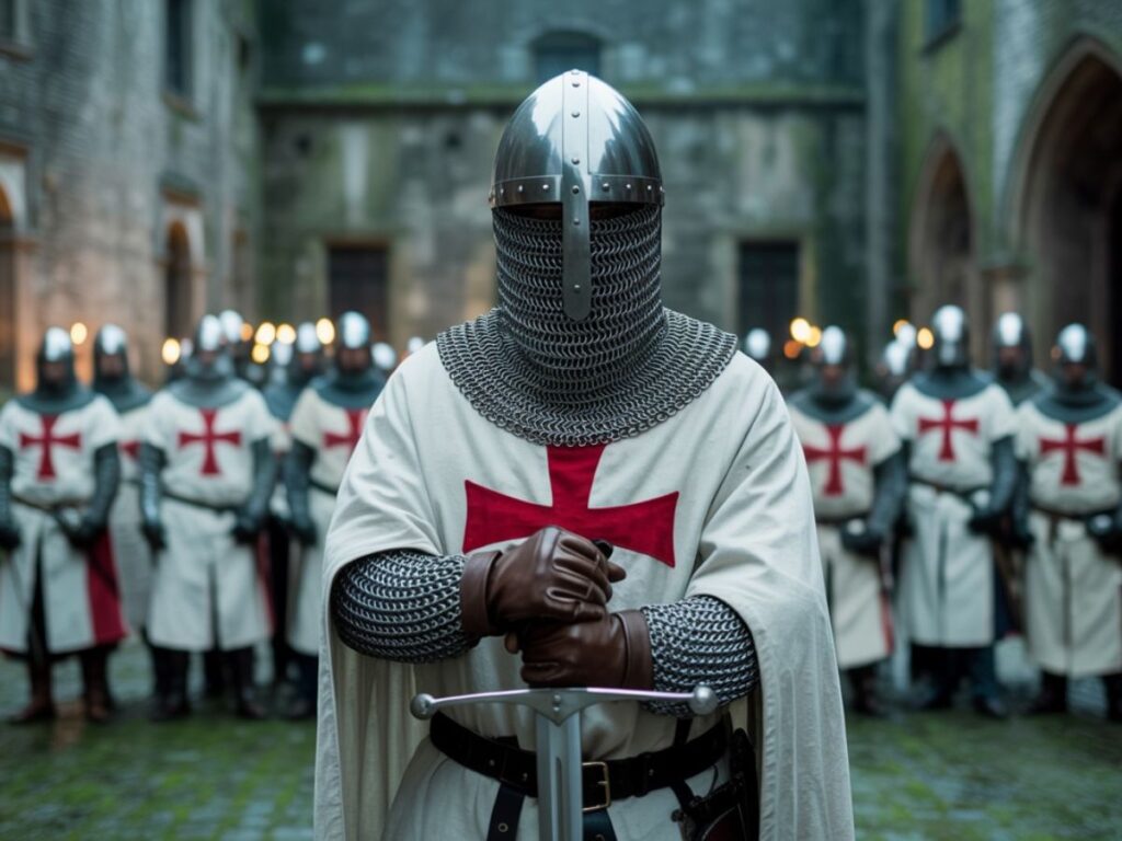 A solemn Templar knight stands with hands resting on a sword, flanked by fellow knights in traditional white mantles with red crosses, symbolizing the brotherhood and legacy of the Knights Templars in England.