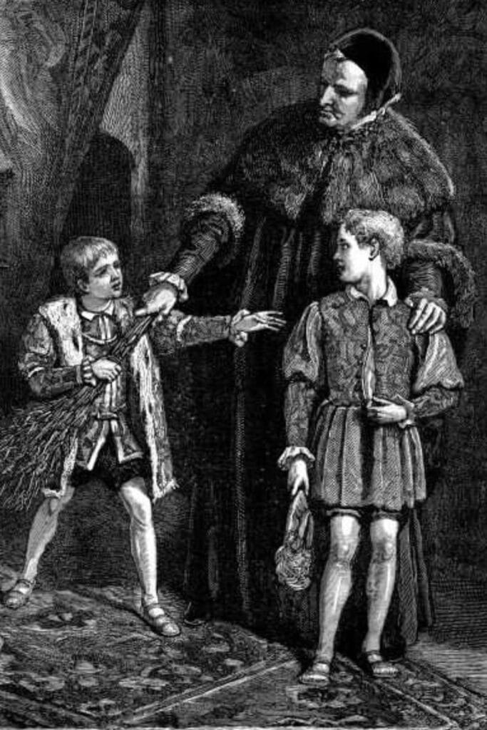 A stern figure holds one boy back as another boy gestures with a birch rod, illustrating the medieval job of a whipping boy—punished in place of a royal child for misbehavior.