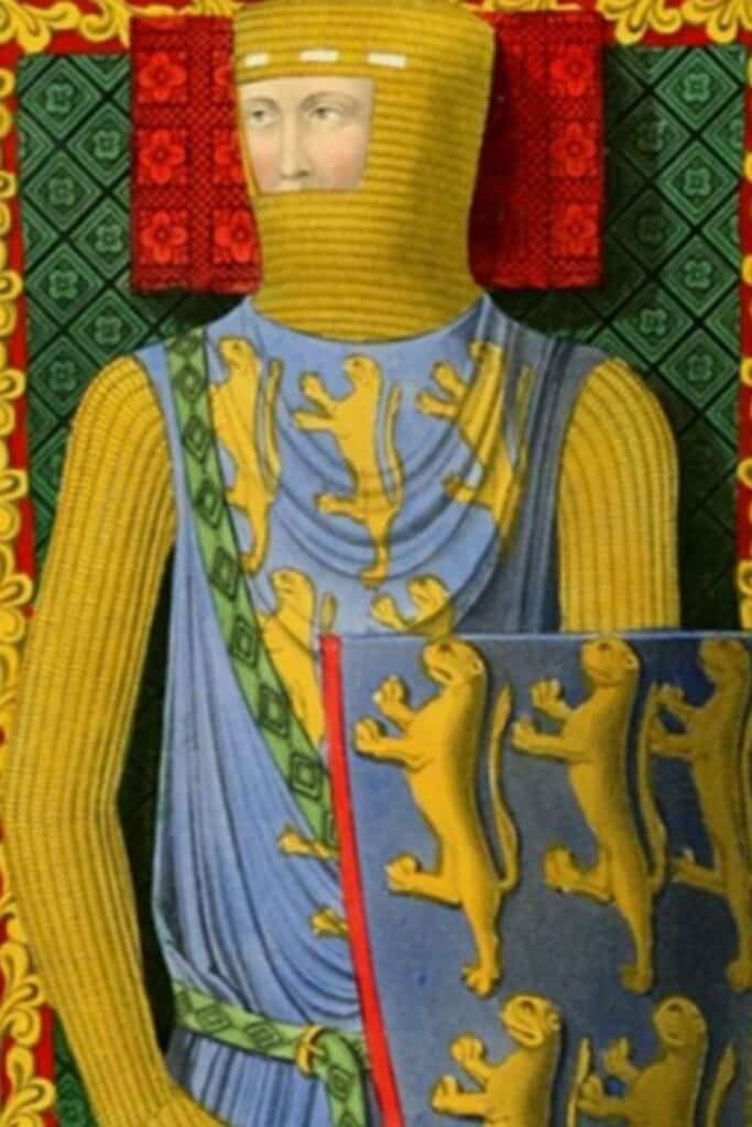 Colorful medieval illustration of William Longespée, son-in-law of Ela of Salisbury, in heraldic armor adorned with golden lions on a blue background.