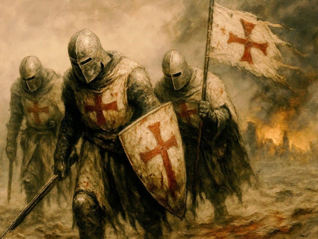 The knights templar in armor dress coming out of battle