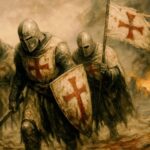 The knights templar in armor dress coming out of battle