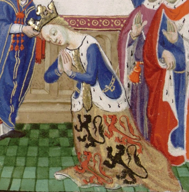 Illuminated medieval manuscript depicting the coronation of Philippa of Hainault, shown kneeling in prayer as a golden crown is placed on her head. She wears a regal cloak adorned with lions and leopards, symbolizing royal authority.