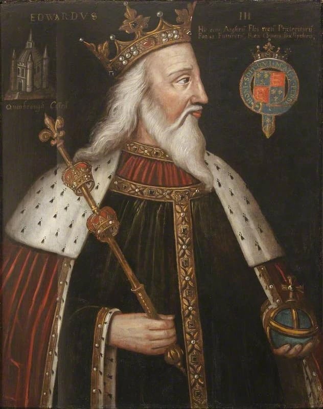 Painted portrait of Edward III, husband of Philippa of Hainault, shown in a red and gold robe with a scepter and orb, wearing a golden crown and gazing rightward. Heraldic emblems and Gothic text frame the image.