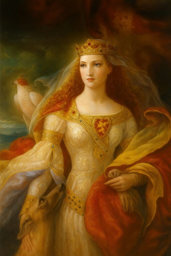 Idealized portrait of Eleanor of Aquitaine wearing a jewel-trimmed crown and elaborate gown, with a dog by her side and a falcon perched behind her. The image emphasizes her nobility, beauty, and association with courtly culture—key facts in her legacy.