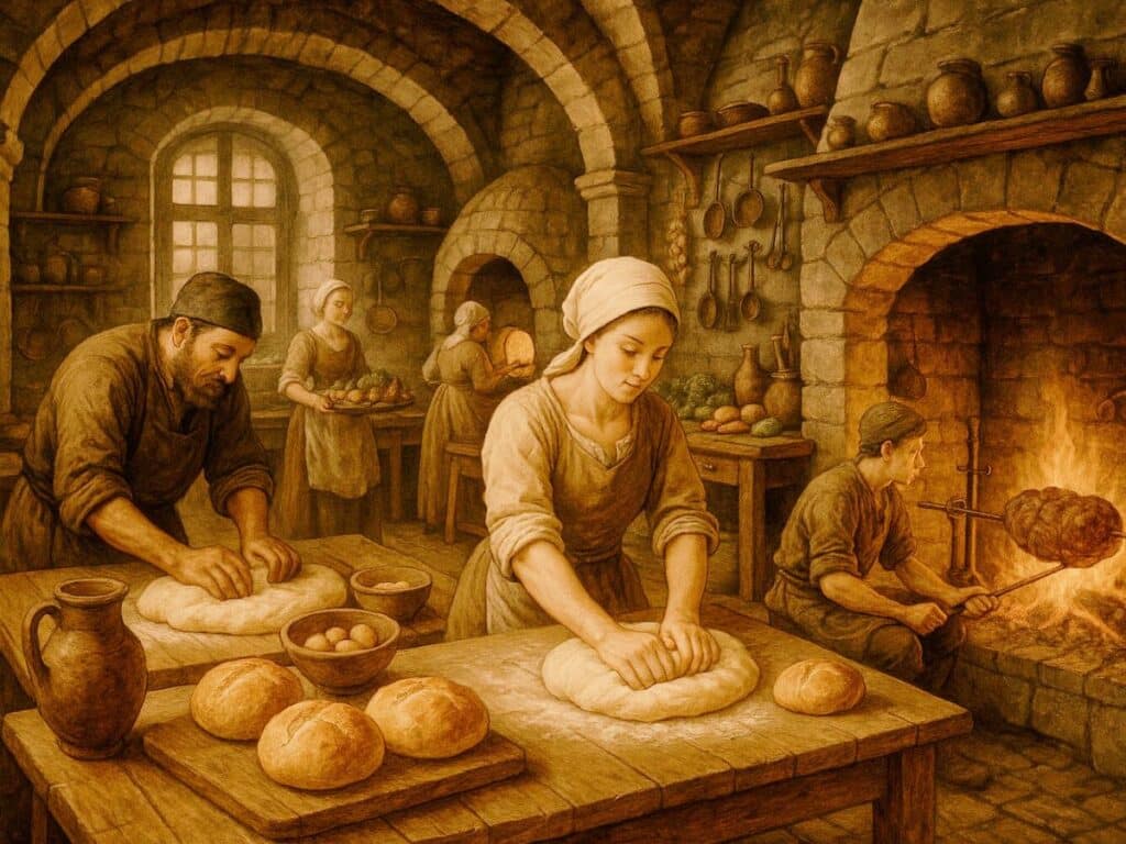 Inside a bustling medieval castle kitchen, men and women prepare food by kneading dough, roasting meat by an open hearth, and carrying trays of fresh produce under stone arches. The scene captures the warmth, labor, and essential role of kitchen work in the daily rhythm of life in a medieval castle.