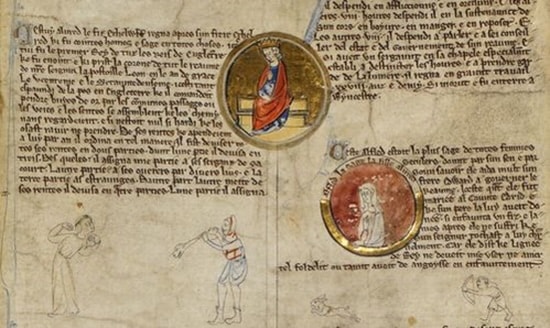 Medieval manuscript page featuring a genealogical chronicle of English kings, including a circular miniature of Æthelflæd, Lady of the Mercians, surrounded by Latin text and marginal drawings of figures.