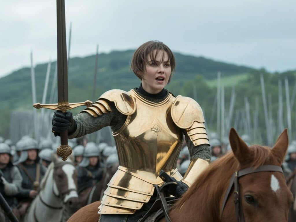 Joan of arc riding into battle in gold armor with a sword held above her head