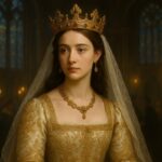A regal portrait-style depiction of Philippa of Hainault, shown in a richly embroidered golden gown with a jeweled crown and matching necklace. She stands in a dimly lit Gothic hall with stained glass windows and candelabras glowing behind her, evoking medieval royal elegance.