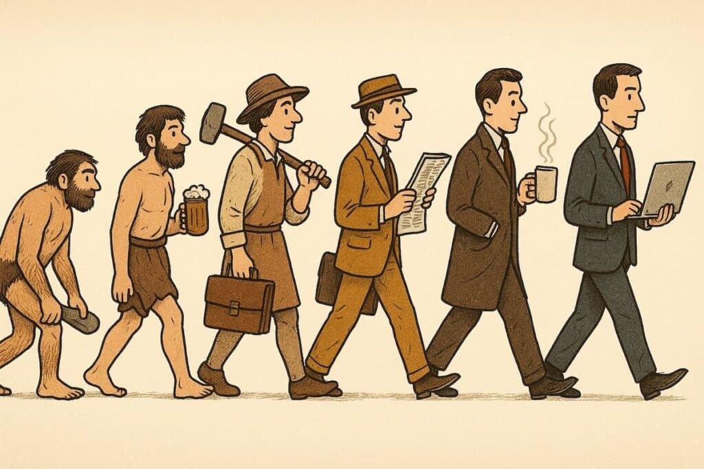 Cartoon-style image showing the evolution of man from a crouched caveman to a modern businessman with a laptop, symbolizing the changing nature of labor over time.