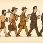 Cartoon-style image showing the evolution of man from a crouched caveman to a modern businessman with a laptop, symbolizing the changing nature of labor over time.