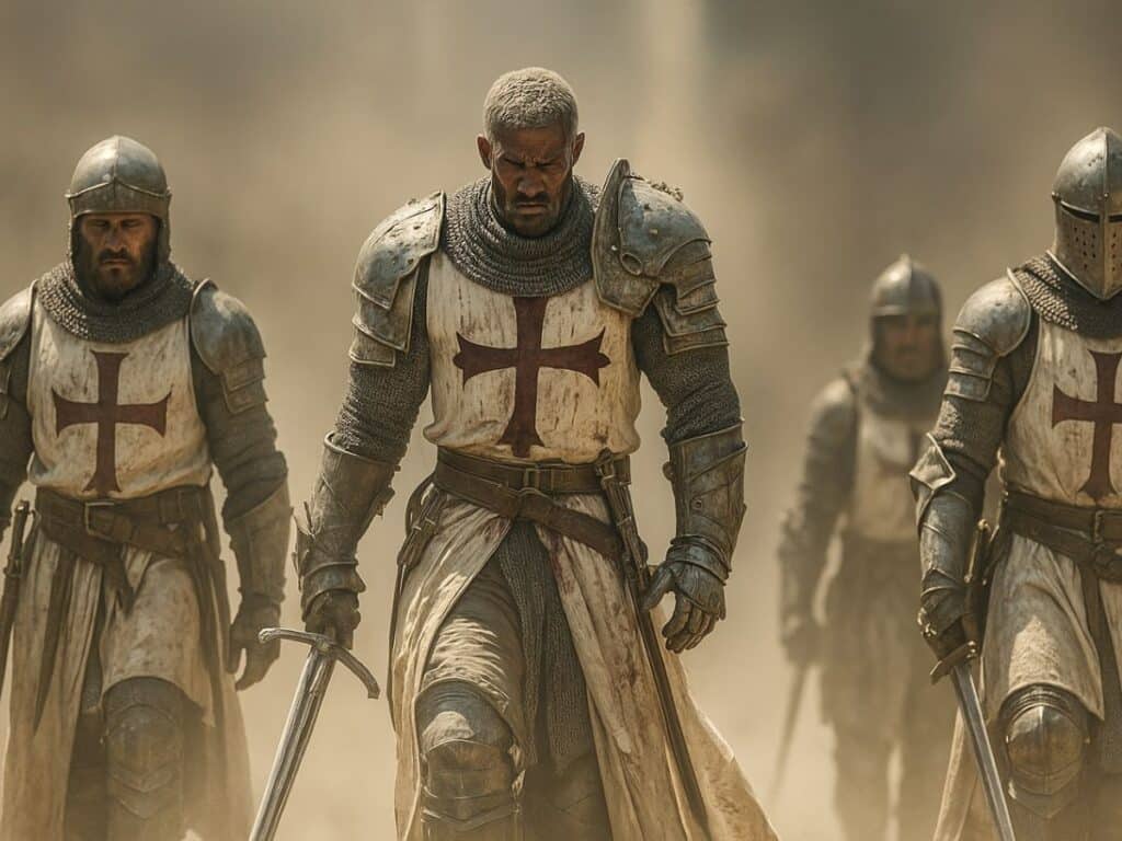 Three Knights Templar looking battleworn and weary