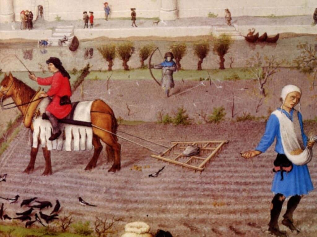 Colorful medieval-style illustration of peasants farming fields with simple tools and horse-drawn plows, set against a backdrop of a walled castle and rolling hills.