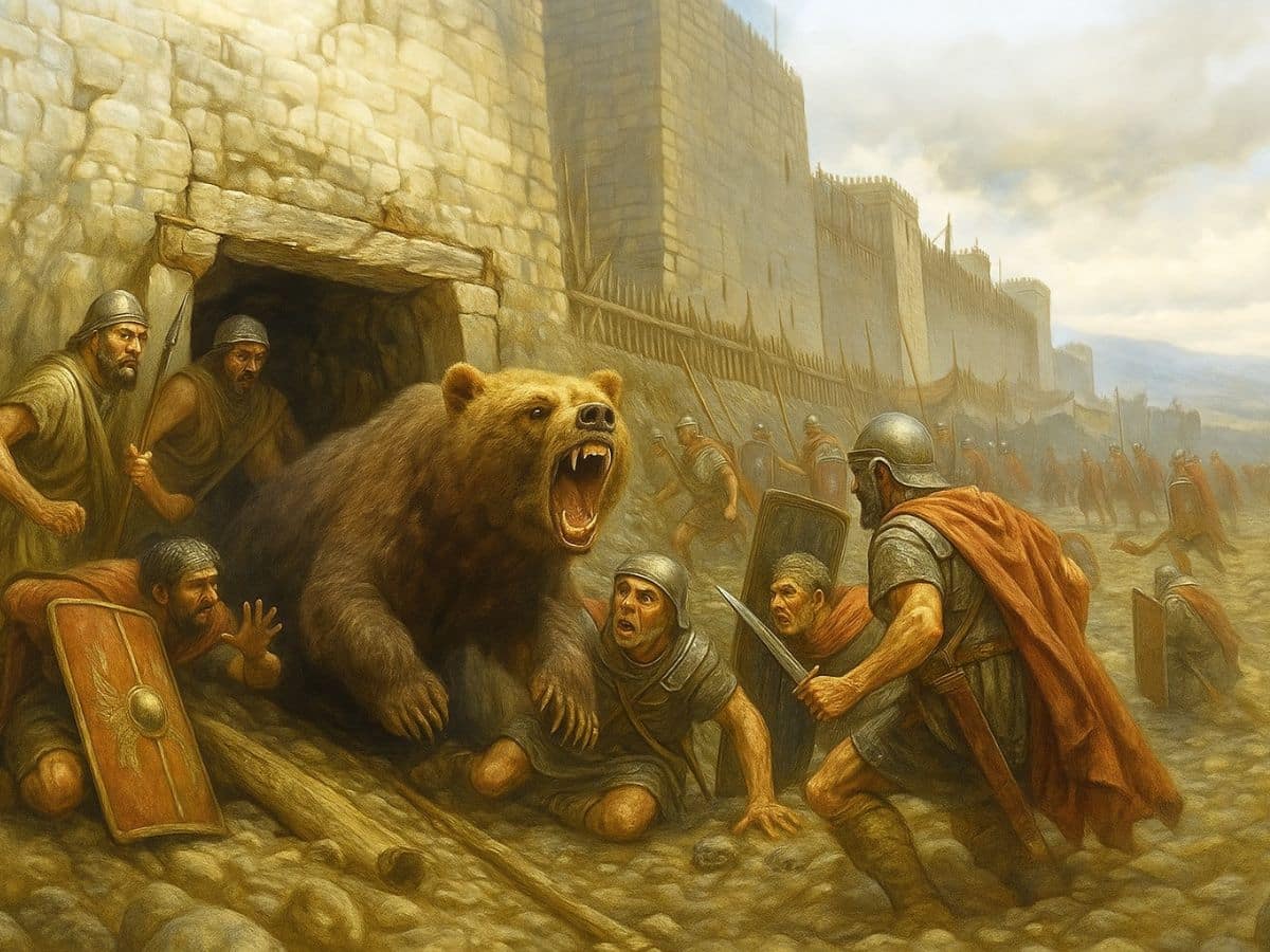 A ferocious bear lunges from a stone tunnel amid chaos as Roman soldiers panic and scramble to defend themselves outside an ancient city wall. A striking visual dramatization of unexpected wildlife encounters in warfare, blending historical facts with artistic imagination.