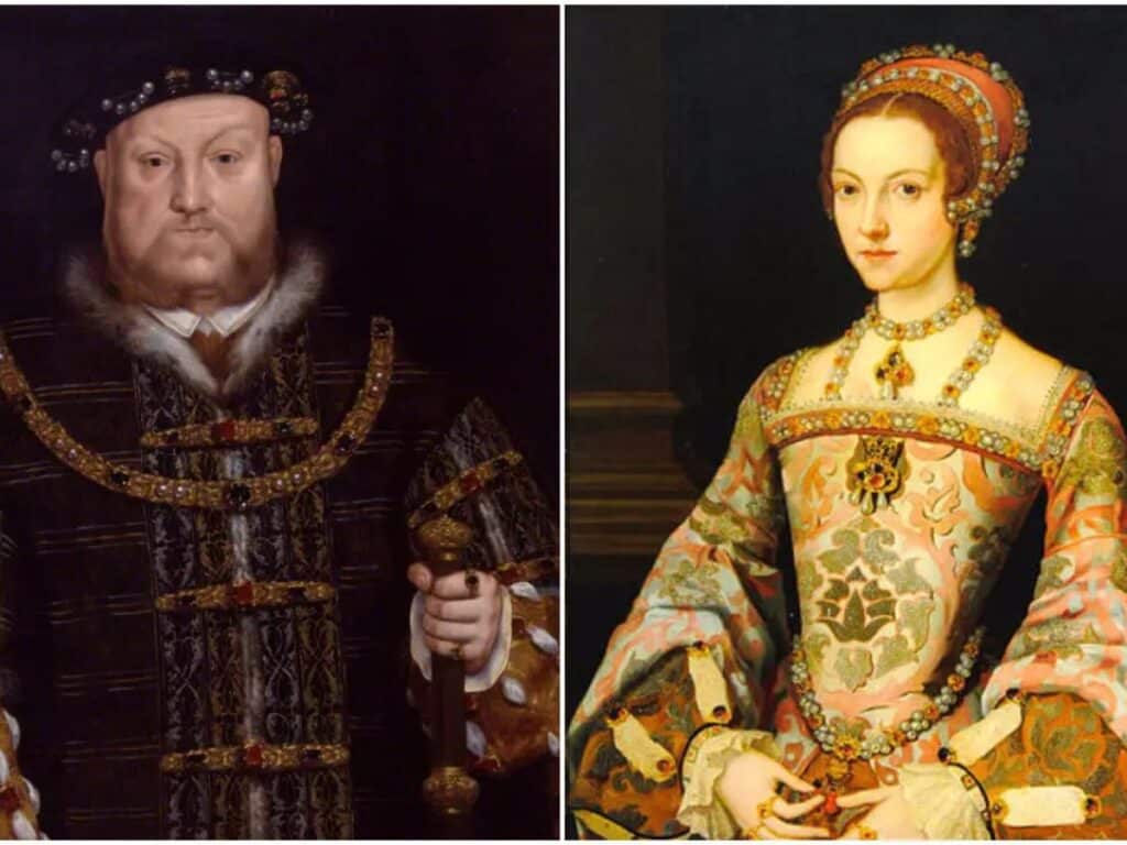 Split portrait of Henry VIII in a jeweled black robe holding a staff, and a young noblewoman in an ornate pink gown, symbolizing Tudor court life during Catherine Parr’s era.