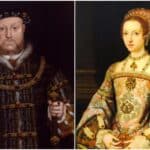 Split portrait of Henry VIII in a jeweled black robe holding a staff, and a young noblewoman in an ornate pink gown, symbolizing Tudor court life during Catherine Parr’s era.
