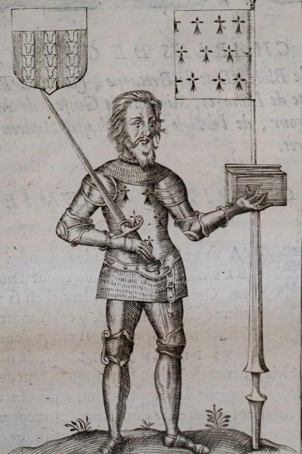 A medieval engraving of Charles of Blois in full armor, holding a sword and shield while standing beside a heraldic banner. She appears as a warrior figure symbolizing leadership and defiance.