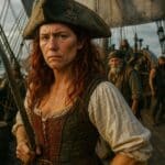 A fierce red-haired woman in period pirate attire stands confidently on the deck of a wooden ship, holding a sword, with a determined crew behind her. This cinematic portrayal represents Grace O'Malley, Ireland’s iconic pirate queen.