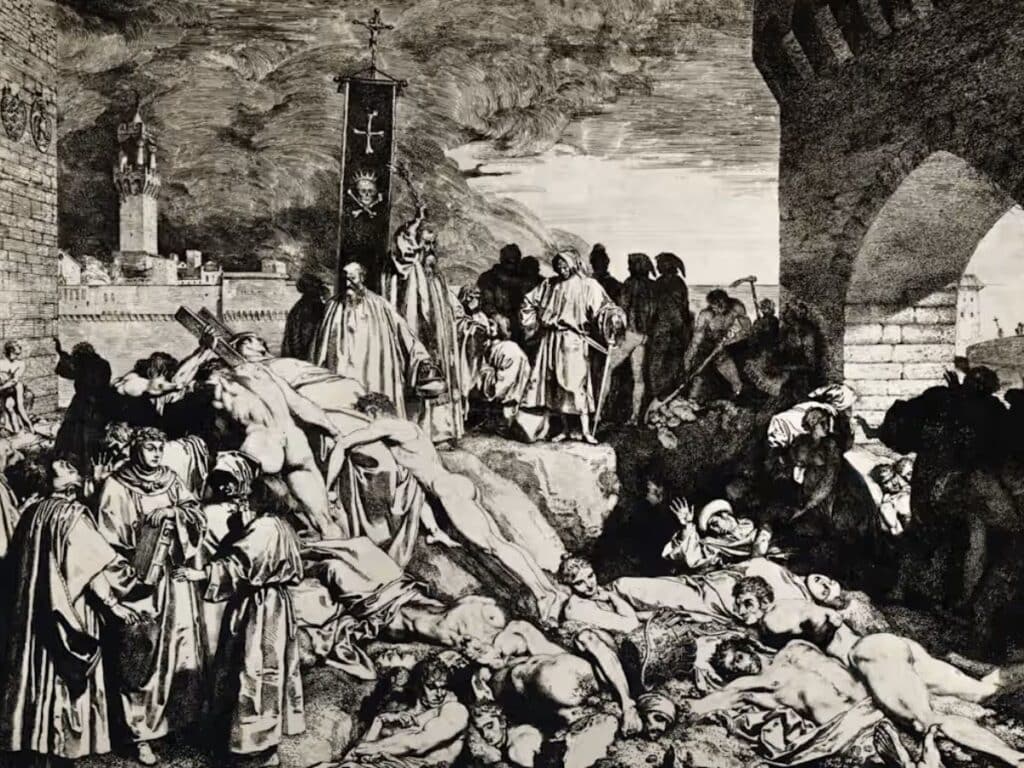 A black-and-white engraving of mass death during the Black Death, with corpses stacked around a religious procession under a skull-and-crossbones banner. People in robes mourn amid the chaos outside a walled medieval city.