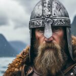 Close-up of a fierce Viking warrior with a long beard and ornate iron helmet, symbolizing the intimidating presence of Norsemen during Viking raids.