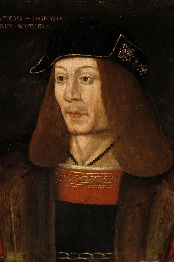 ChatGPT said:
Portrait of a solemn King James IV of Scotland wearing a black cap embroidered with gold and a fur-lined robe over a red and black garment.
