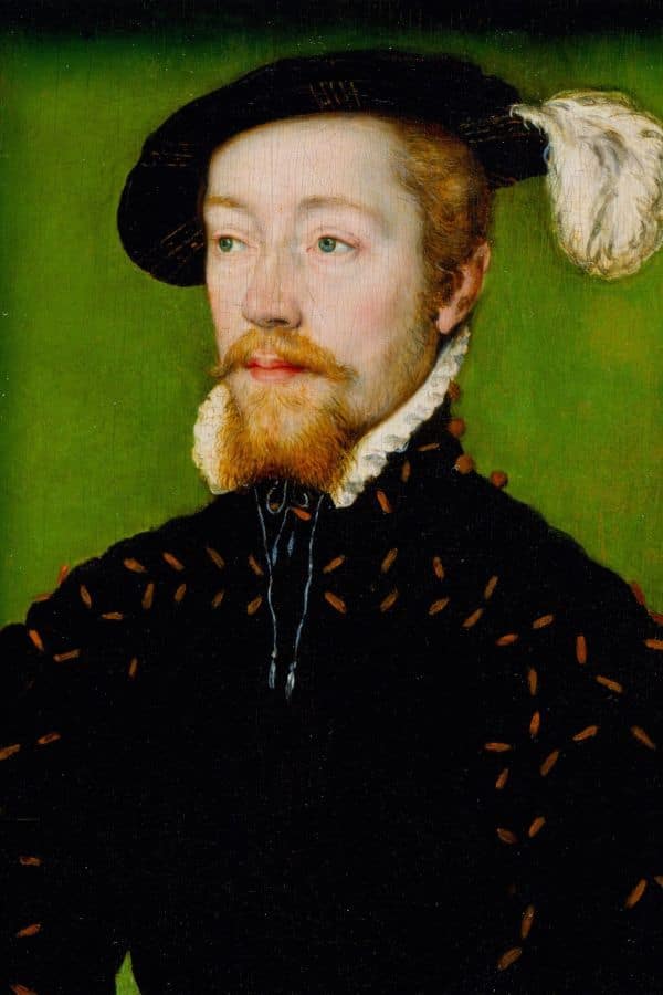 A young nobleman with a feathered cap and finely detailed black attire, set against a green background, suggesting a figure from Margaret Tudor’s time in the Scottish royal court.