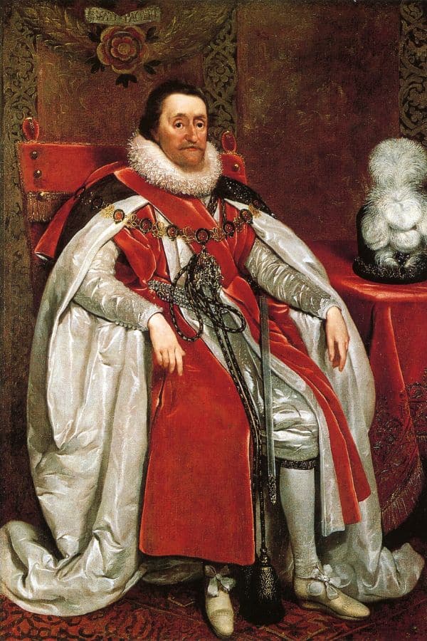 A formal portrait of James VI in elaborate robes and white tights seated on a red throne, conveying the regal environment surrounding Margaret Tudor’s descendants.