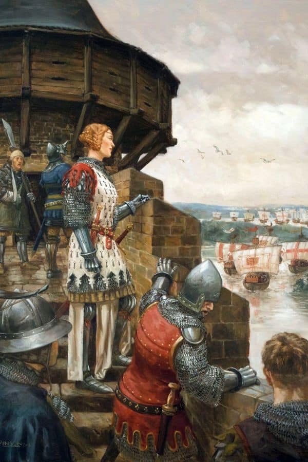 A hand-colored historical print of Joanna of Flanders in red and gray attire, standing next to a helmet and shield as she gestures commandingly toward an unseen force.
