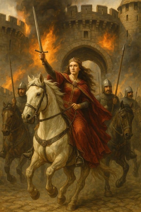 A striking painting of Joanna of Flanders on horseback, wearing a red cloak and crown, leading an army out of a burning castle gate with sword raised high.