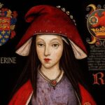 Medieval-style portrait of a woman labeled "Katherine Roet," wearing a red hat and purple gown, with heraldic shields surrounding her. This stylized depiction represents Katherine Swynford before her marriage, born as Katherine de Roet.