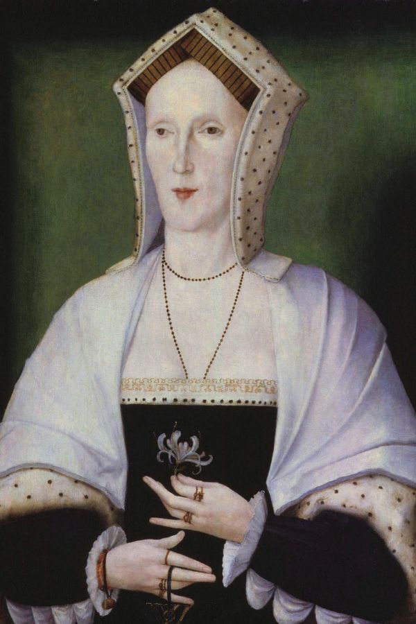 A painted portrait of Margaret Pole, Countess of Salisbury, dressed in a Tudor-style gown with a French hood, pearl necklace, and holding a white flower against a dark green background.