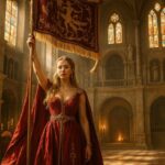 A woman in an ornate red gown holding a banner with a lion emblem inside a grand hall, reminiscent of Matilda of Tuscany’s noble influence and political authority.