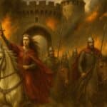 A wide composition of Joanna of Flanders riding a white horse at the head of armored knights, emerging from a castle engulfed in flames while holding her sword aloft in defiance.