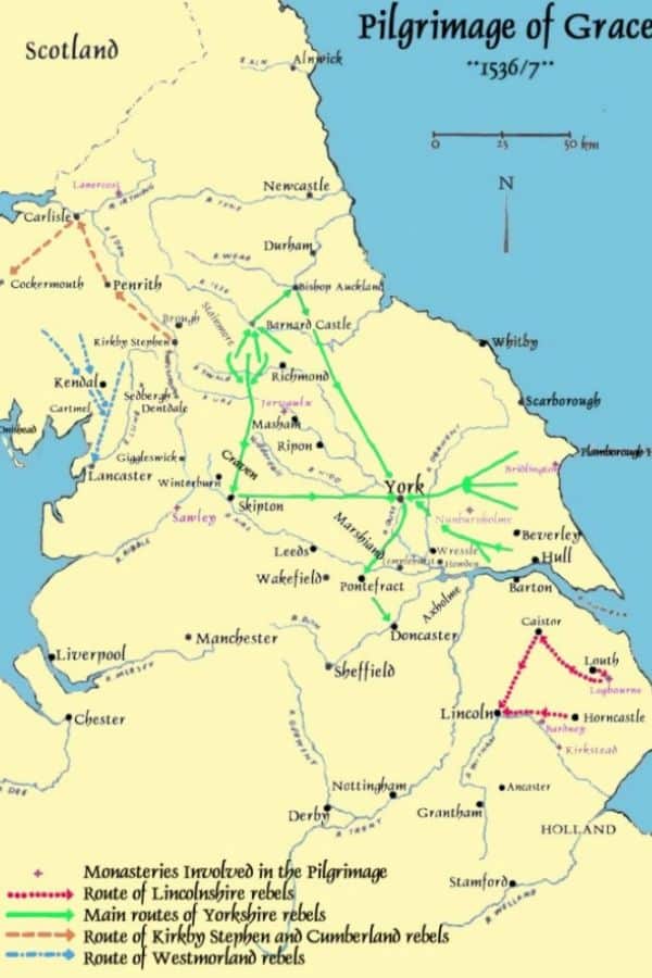 A historical map detailing the Pilgrimage of Grace in 1536–1537, a northern uprising during Henry VIII’s reign that shaped the turbulent political landscape Catherine Parr navigated.
