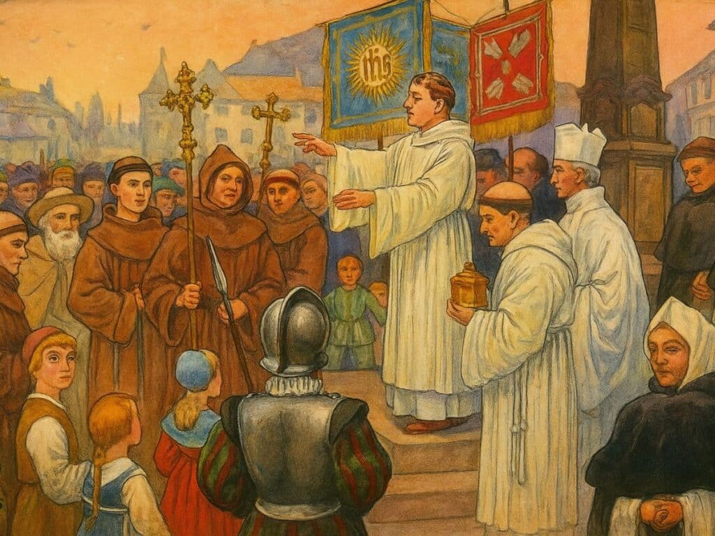 A vibrant medieval-style painting of monks, priests, and townsfolk gathered in a religious procession, representing the Catholic resistance Catherine Parr witnessed as queen.