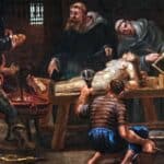 Grim painting of a torture scene with several men surrounding a restrained, naked figure on a wooden bench, one pouring liquid into a funnel. This chilling scene likely depicts the interrogation of the Marquise de Brinvilliers during the French Inquisition.