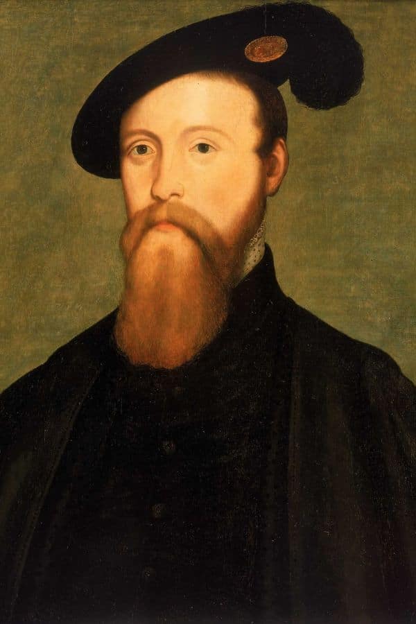 Portrait of a bearded man in black Tudor attire and cap with a medallion, believed to be Thomas Seymour, husband of Catherine Parr after Henry VIII's death.