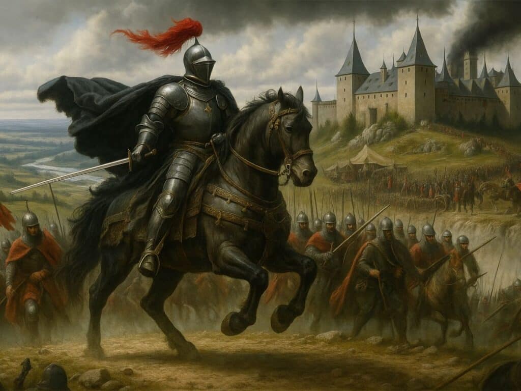 The Black Prince in full black armor riding a dark horse with a raised sword, leading troops toward a smoking castle under stormy skies during a medieval battle.