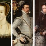 Triptych of Tudor-era portraits featuring Anne Boleyn, Robert Dudley, and Queen Mary I. Each figure played pivotal roles in scandals from the Tudor court, from Boleyn’s controversial queenship to Dudley’s rumored affair with Elizabeth I.