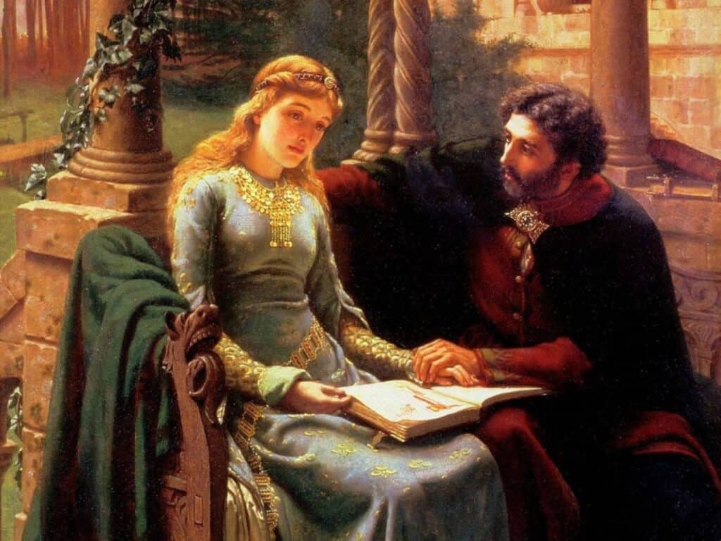A medieval painting of a noblewoman sitting beside a man as they read a book together, suggesting a secret romantic meeting linked to scandals of the Middle Ages.