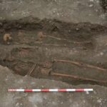 Two human skeletons partially uncovered in an archaeological dig, laid side by side in a single grave, with a measuring rod at the bottom for scale. The burial is believed to be connected to historical findings near the Tower of London.