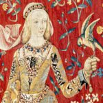 A medieval tapestry showing a noblewoman in a golden gown holding a bird, with a red floral background. This style of artwork reflects the era of Blanche of Lancaster.
