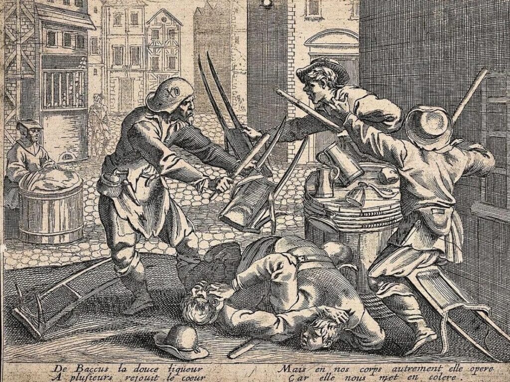 An engraving depicting a chaotic street fight among men wielding swords, reflecting violent disputes tied to scandals of the Middle Ages.